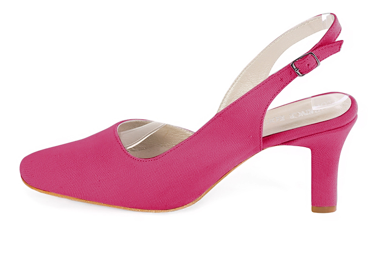 Hot pink women's slingback shoes. Round toe. High kitten heels. Profile view - Florence KOOIJMAN